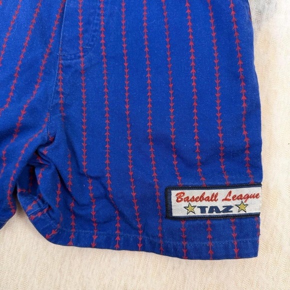 Vintage Looney Tunes Taz Toddler Overalls Blue Red Stripe Shortalls 4T - Picture 2 of 5